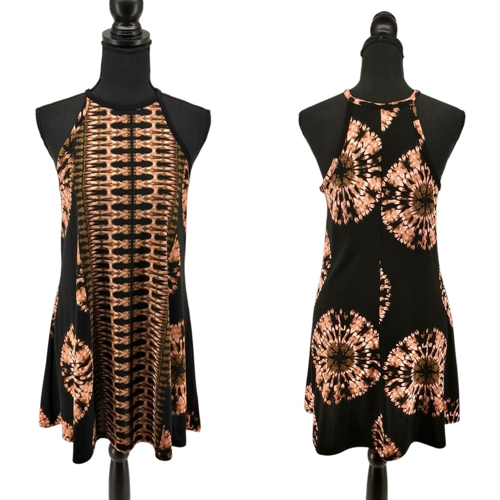 Xhilaration Exotic Tie Dye Trapeze Mini Dress Sz S Black Brown Stretch High Neck